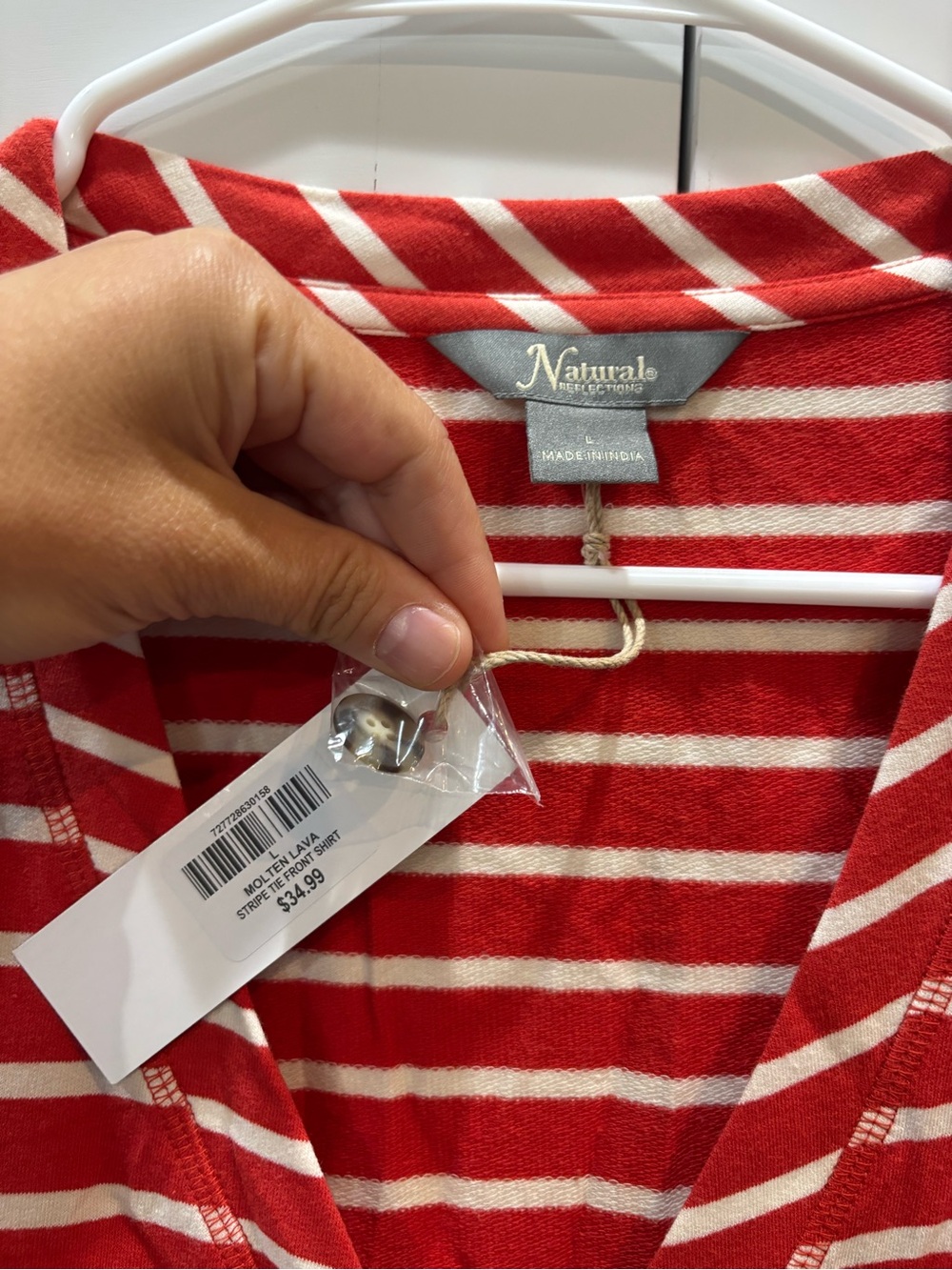 Natural Reflections Red White Striped Button Down Tie Front Top Womens Large NEW - Picture 5 of 7